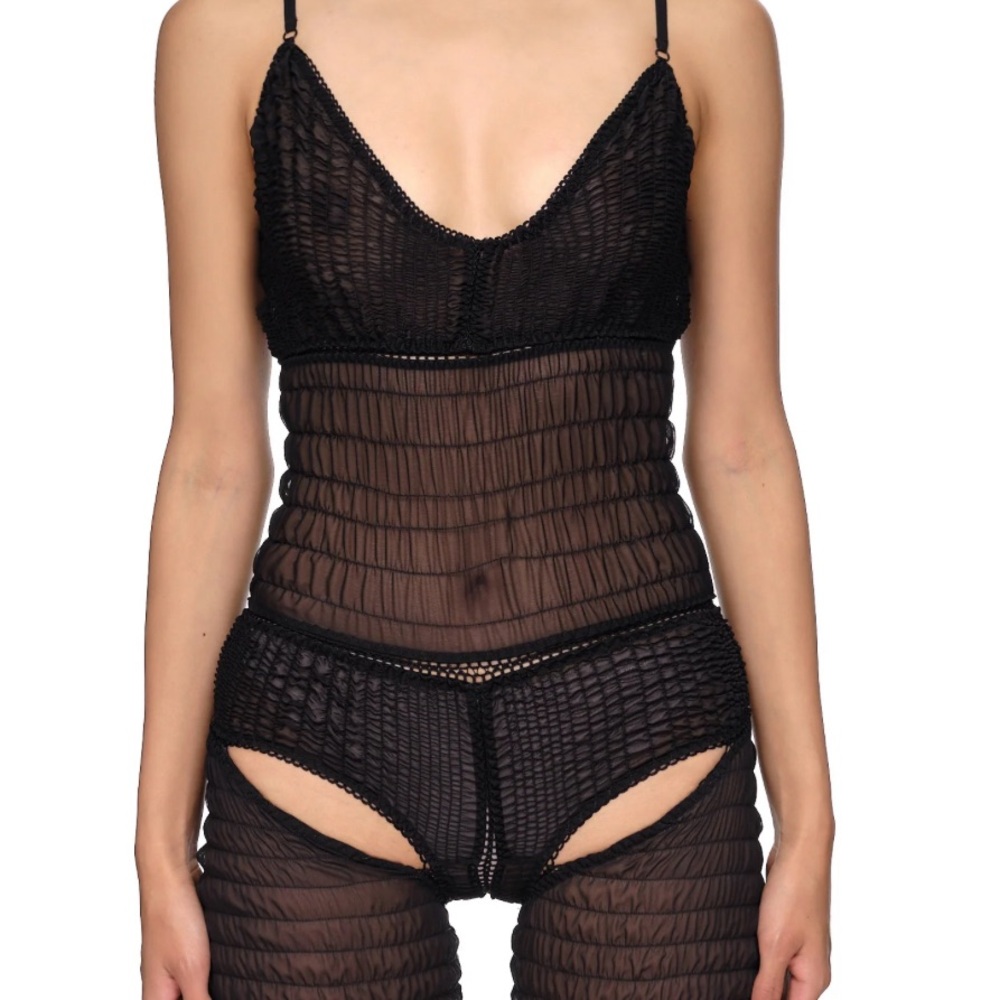Black Chemise with Plunging Neckline and High-Cut Leg Openings